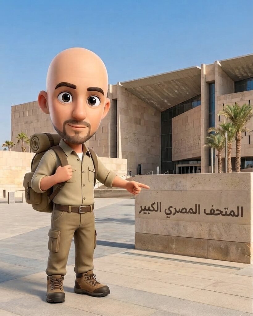 الواجهة الهندسية الحديثة من الزجاج والحجر للمتحف المصري الكبير بالقرب من أهرامات الجيزة بالقاهرة