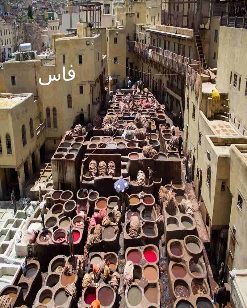 أحواض دباغة الجلود الحجرية التقليدية في دار الدباغ شوارة بفاس البالي المغرب