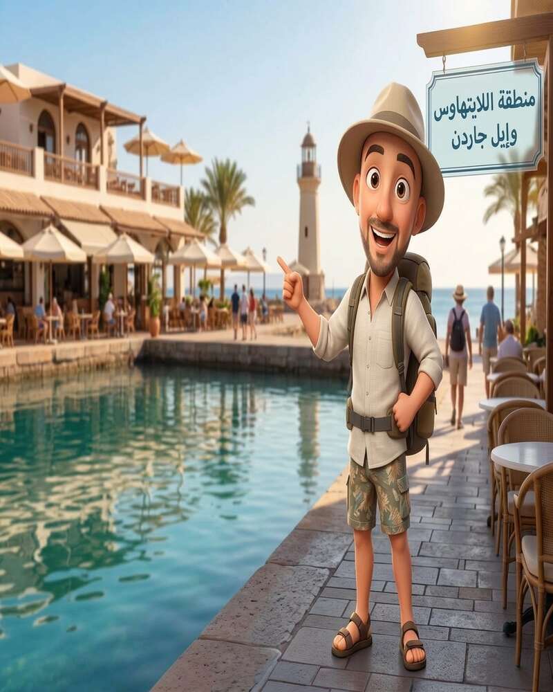 مقاهي شاطئية ذات وسائد أرضية وطاولات خشبية على ممشى خليج لايت هاوس في دهب مصر